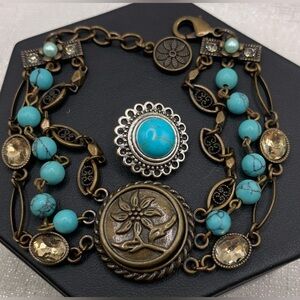 💗Bronze Bead & Chain Ginger Snaps & Co. Snap Button Bracelet with 2 Charms